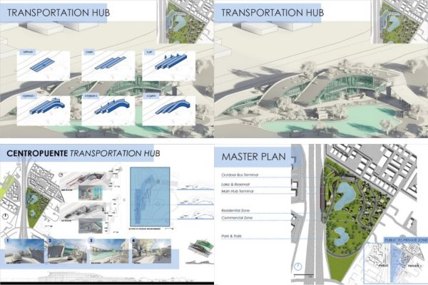 Four image excerpts from Kyle's thesis about "Centropuete Transportation Hub" plan.