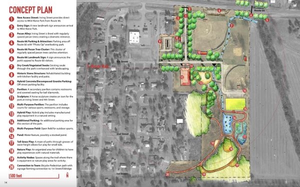 A map overlayed with a sketch showing 20 proposed improvements to a park in Luther, OK.