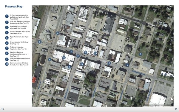 A map showing 10 proposed improvements along Graham Avenue in Pryor, OK.