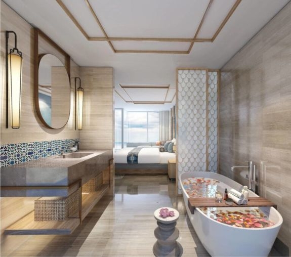 Interior rendering of bathroom of Sunbay Park Condotel in Ninh Thuan, Vietnam.