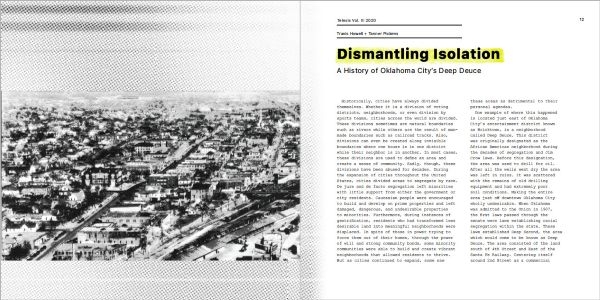 A spread from Isolation showing a historic photograph and the article "Dismantling Isolation: A History of Oklahoma City's Deep Deuce" by Travis Howell and Tanner Pickens.