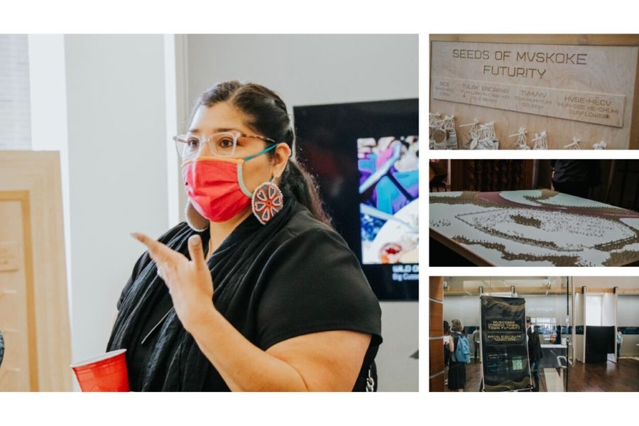 A collage of image from the Muscogee (Creek) Futurity exhibition, featuring Laura Harjo.