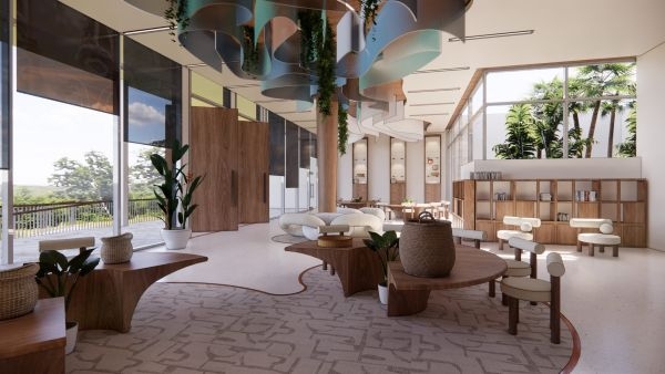 A digital rendering of a room with chairs, desks, and bookcases.