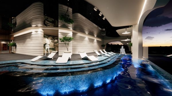 A digital rendering of a luxurious hotel pool.