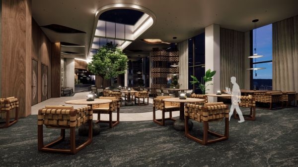 A digital rendering of a hotel dining area.