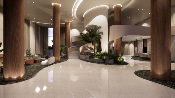 A digital rendering of a hotel lobby with large wooden pillars and curved accents.