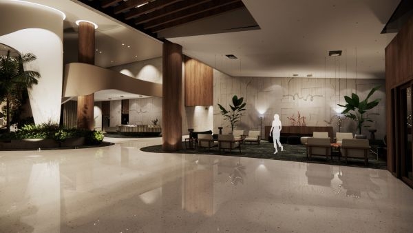A digital rendering of a hotel lobby.