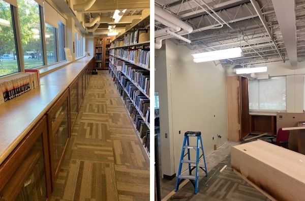 A library aisle full of books and the library space during renovations.