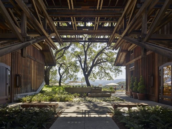 A covered walkway or courtyard at Joseph Phelps Vineyards.