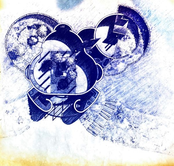 An aerial sketch of Muennig House by Mickey Muennig