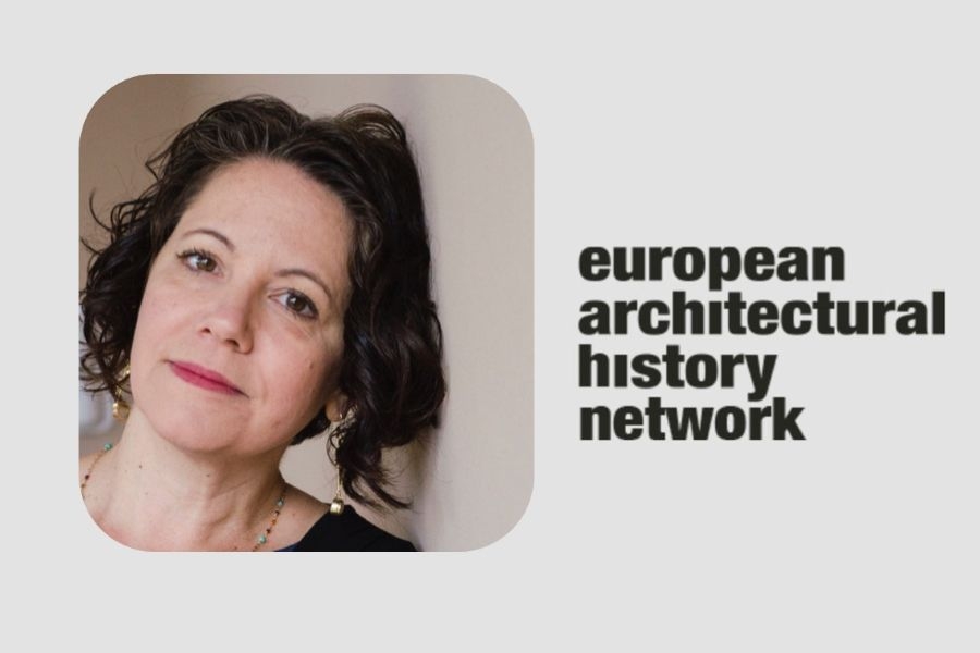 Stephanie Pilat with the logo for the European Architectural History Network.