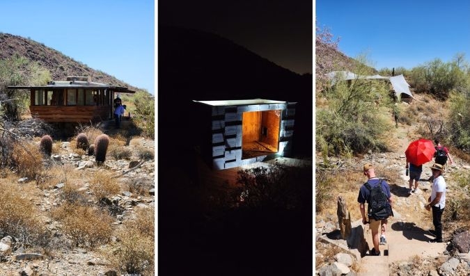 A collage of architecturally diverse shelters at Taliesin West.