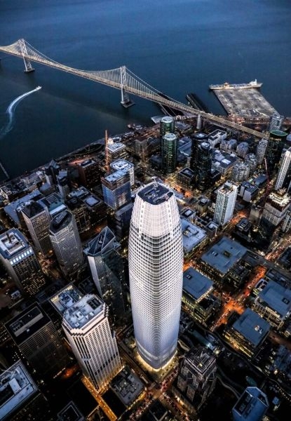 An aerial view of Salesforce Tower.