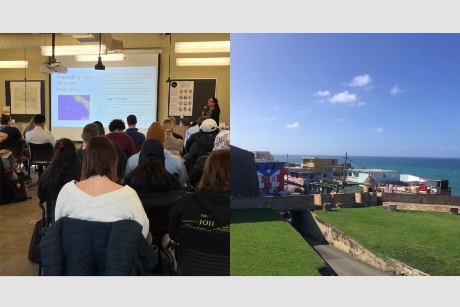 Doctor Santina Contreras gives talk to students and picture of coastal village in Puerto Rico.