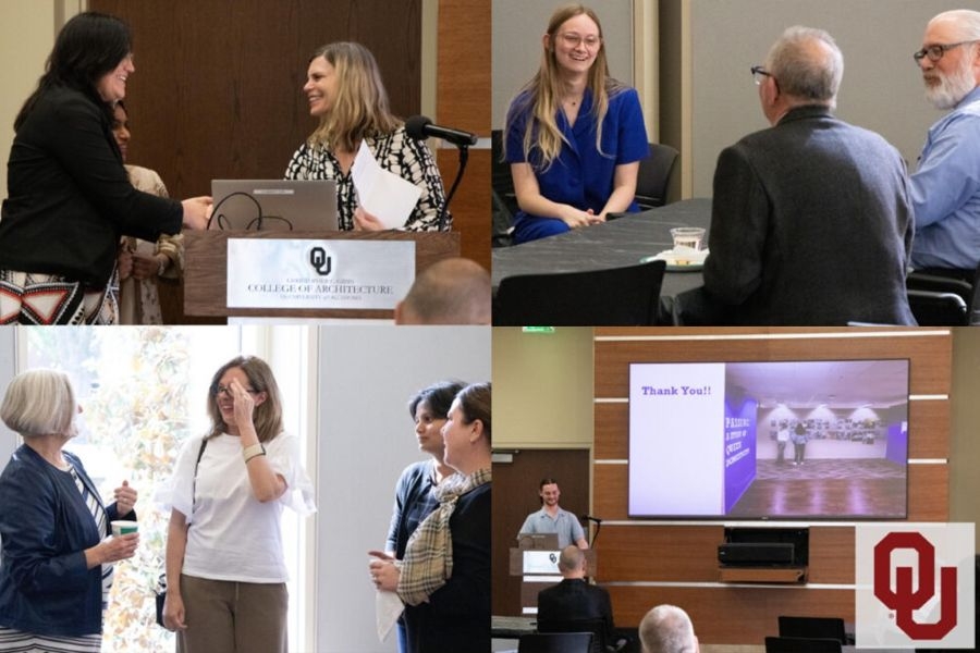 A collage of photos showing students presenting and mingling at the Gibbs Design Activism Awards, with the O U logo.