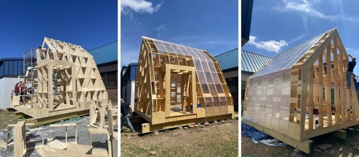 Three photos showing the greenhouse under construction, from framing to adding glass panels.