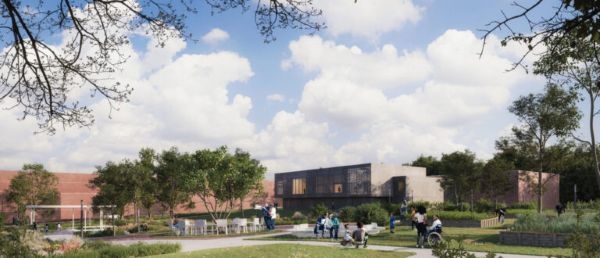 A side-view rendering of the Mutual Aid Liberation Center by Atelier Cory Henry featuring copious green space.