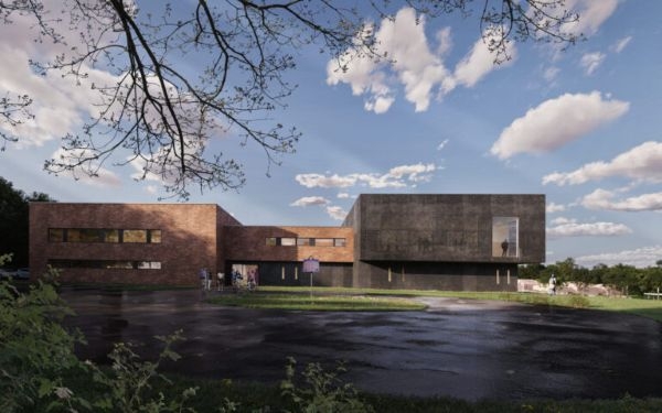 A front-view rendering of the Mutual Aid Liberation Center by Atelier Cory Henry.