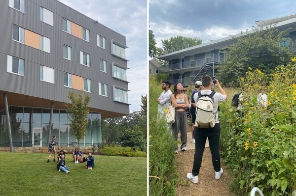Students in front of Adohi residence hall and in a garden at Eco Flats.