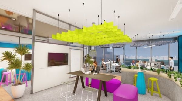 A rendering of a colorful office workspace.