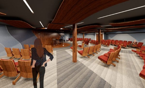 A rendering of an auditorium with wooden accents.