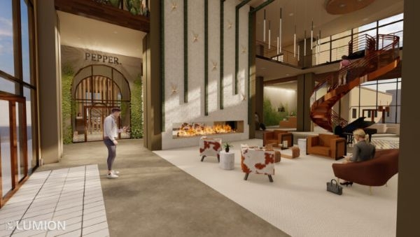 A rendering of a two-story hotel lobby.