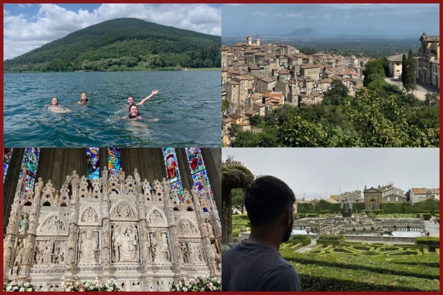 A collage of photos showing a gothic church, students swimming, an Italian town, and a baroque garden.