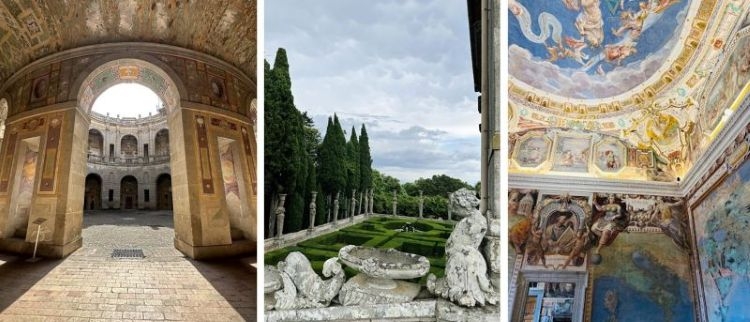 Three images from Villa Farnese featuring the outside structure, gardens, and interior artwork.
