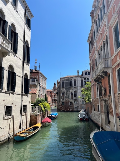A Venetian canal with gondolas.