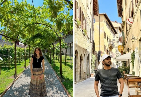 Emma Christ in a vineyard in Venice and Rajith Kumar Kedarisetty on the streets of Arezzo.