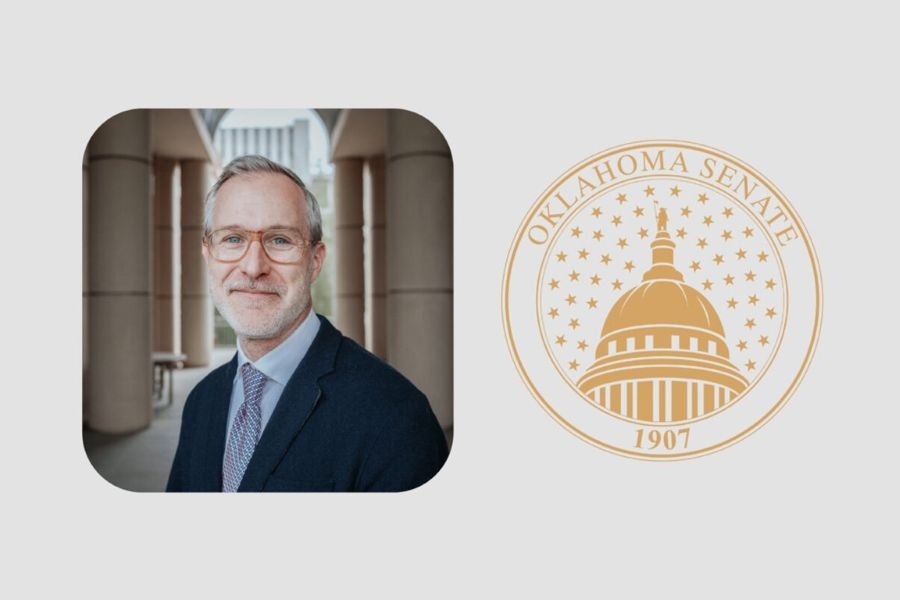 Bryce Lowery with the emblem for the Oklahoma State Senate.