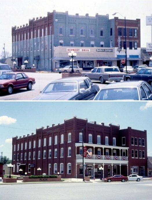 A three-story brick building before and after restoration.