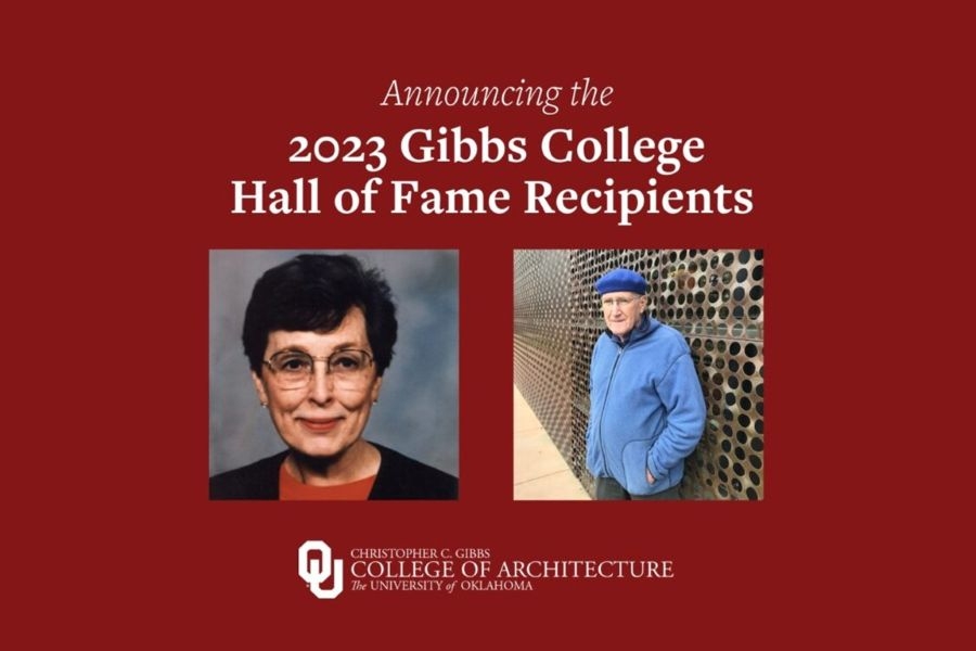 Pat Eidson and Herb Green with the text "Announcing the 2023 Gibbs College Hall of Fame Recipients" and the logo for the O U Gibbs College of Architecture.