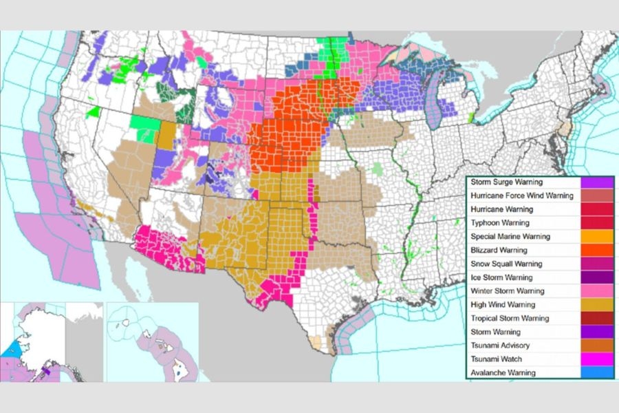 A map of the United States with counties colored based on severe weather warnings.