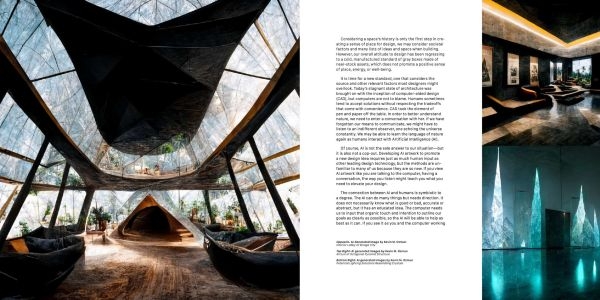 A spread from Adaptive Practice showing A I generated architectural images alongside blocks of text.