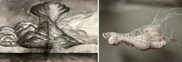 A drawing and weaving of a bulbous storm cloud.