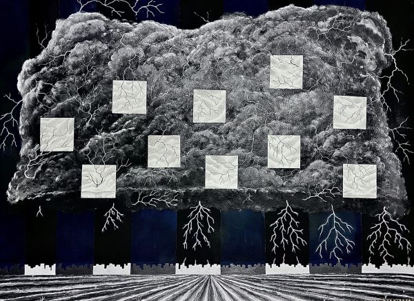An artistic interpretation of a storm with tessellated lightning branches.