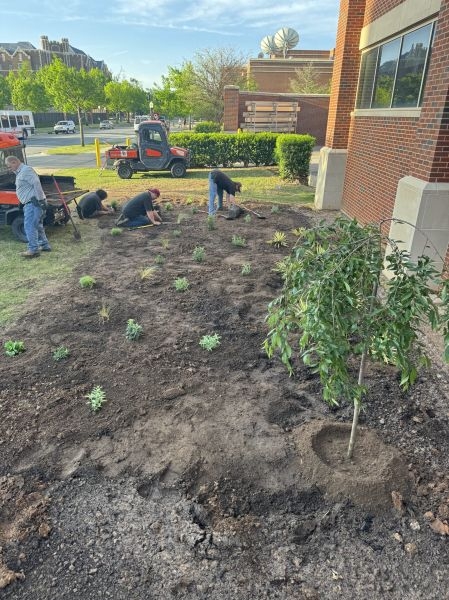Justin Jones and O U Landscape Services working in Gould Hall garden beds.