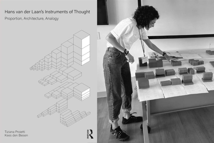 The book "Hans van der Laan's Instruments of Thought" with a photo of Tiziana Proietti leaning over a table.