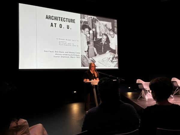 Angela Person presenting a slide titled "Architecture at O U".