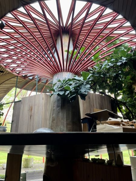 A central pillar in the interior of the Ford house, with steel ribs resembling branches.