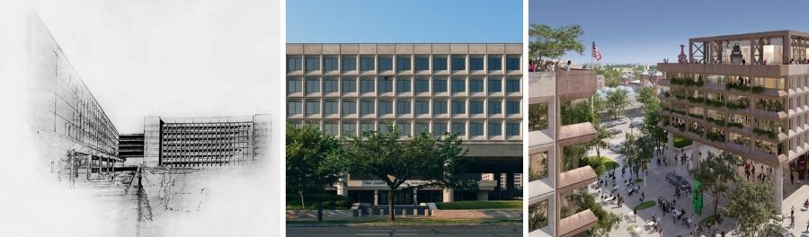 A collage showing the Forrestal Building design sketch, current state, and future potential.