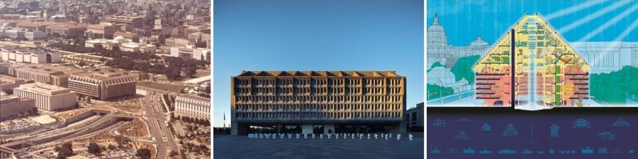 A collage showing the Humphrey Building in the past, present, and potential future.