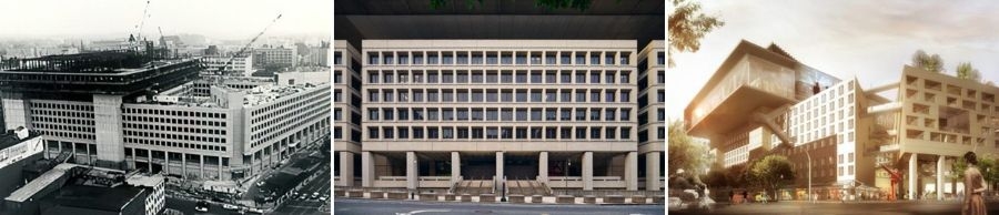 A collage showing the Hoover Building under construction, current-day, and future potential.