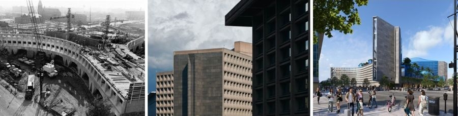 A collage showing the Weaver Building under construction, current-day, and future potential.