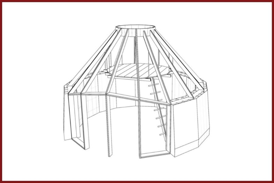 A diagram Mickey Muennig's conical two-level studio.