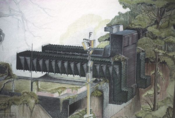 An illustration of a dark structure with surrounding landscape by Robert Faust.
