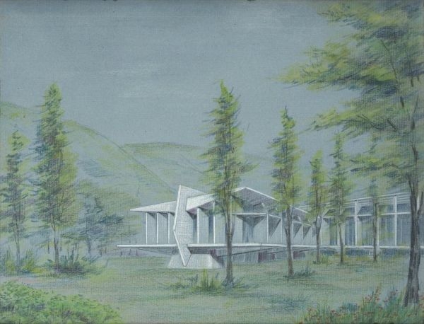 A sketch of a long white building in a forest by Takenobu Mohri.