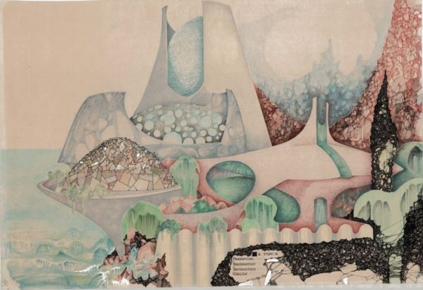 A sketch of an abstract structure with diverse materials and curvature by Ernest Burden.