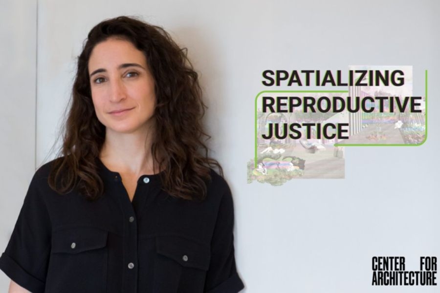 Deborah Richards with the logos for the Center of Architecture and the Spatializing Reproductive Justice exhibit.